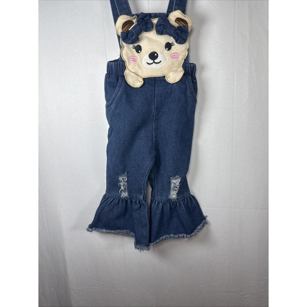 Unbranded Overalls Bear Design Distressed Flare Leg Size 9-12 M Preowned - Picture 3 of 11